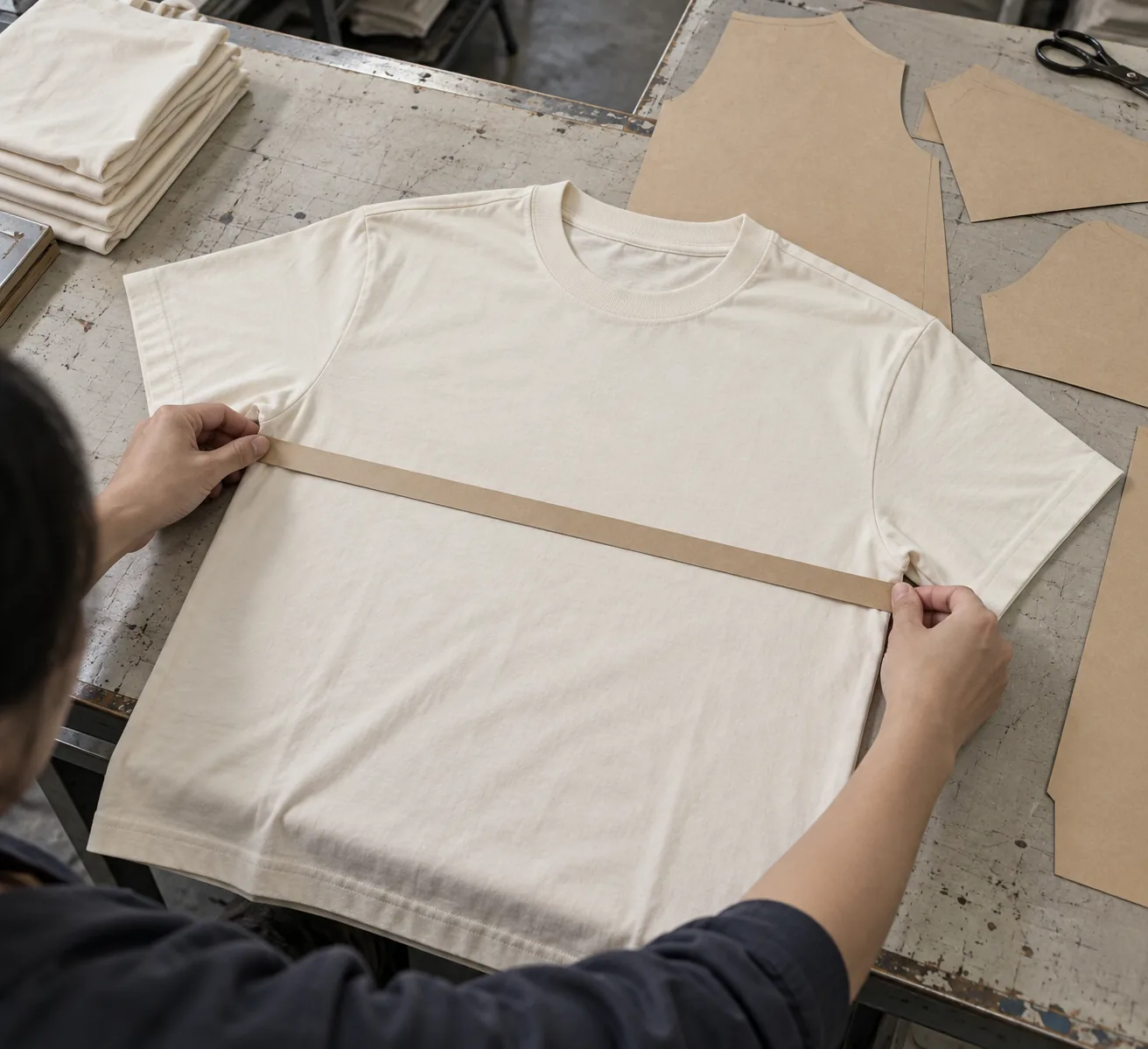 Unbranded tee sample measured beside pattern pieces on a sampling table