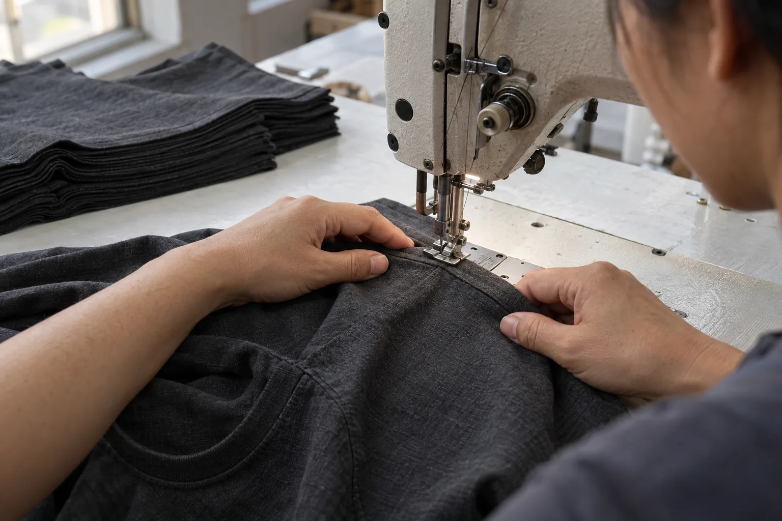 Photorealistic apparel factory documentary photograph of a sewing operator joining the shoulder seam of a heavyweight ch