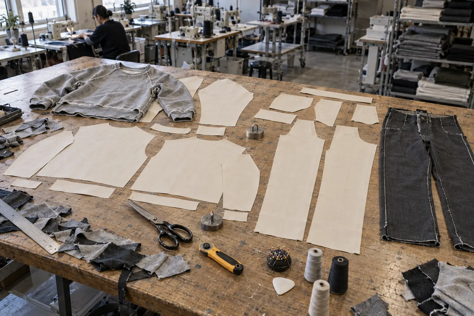 Two garment patterns and unbranded samples organized separately on a sampling table