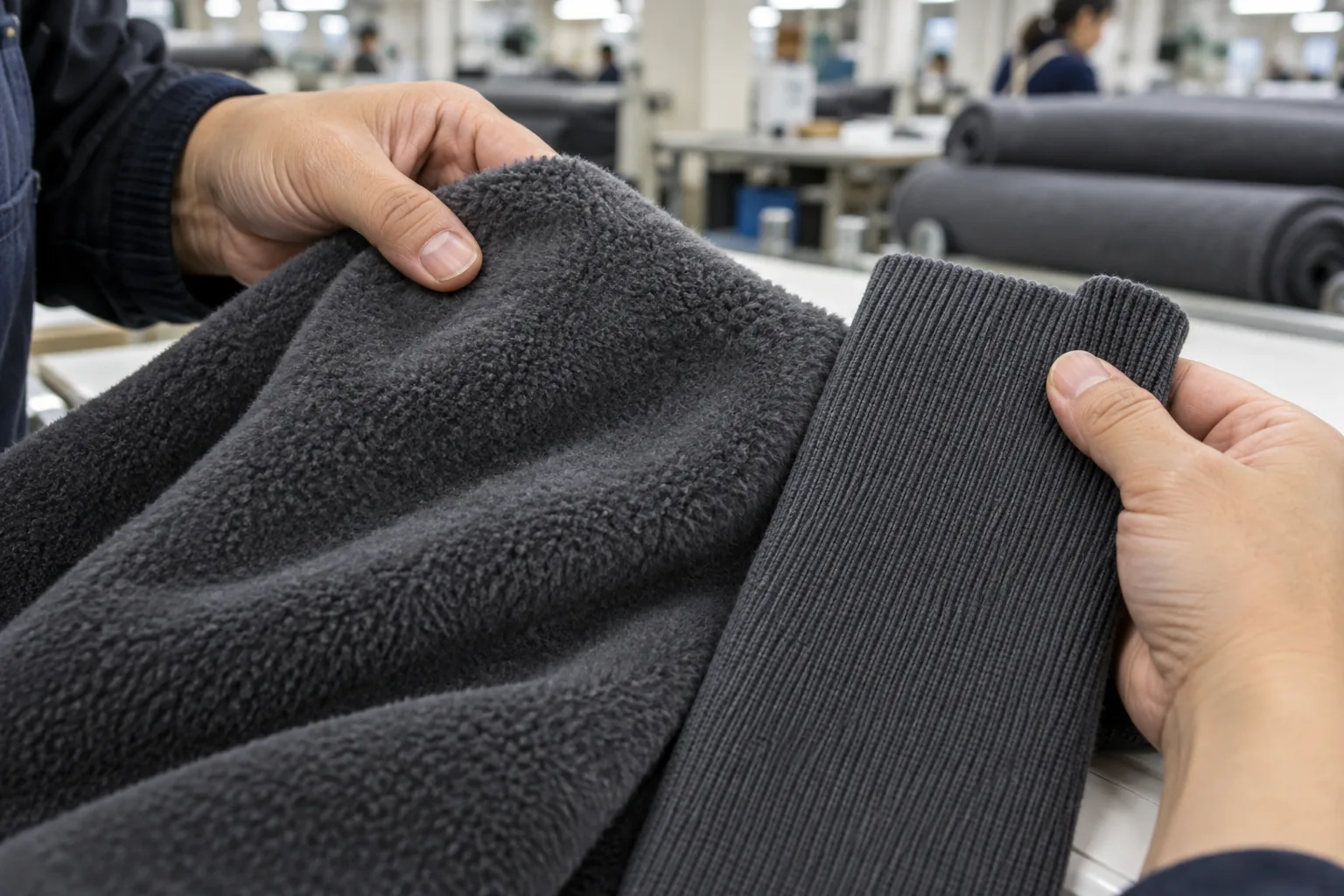 Matching fleece swatches and rib fabric being compared under neutral inspection lighting