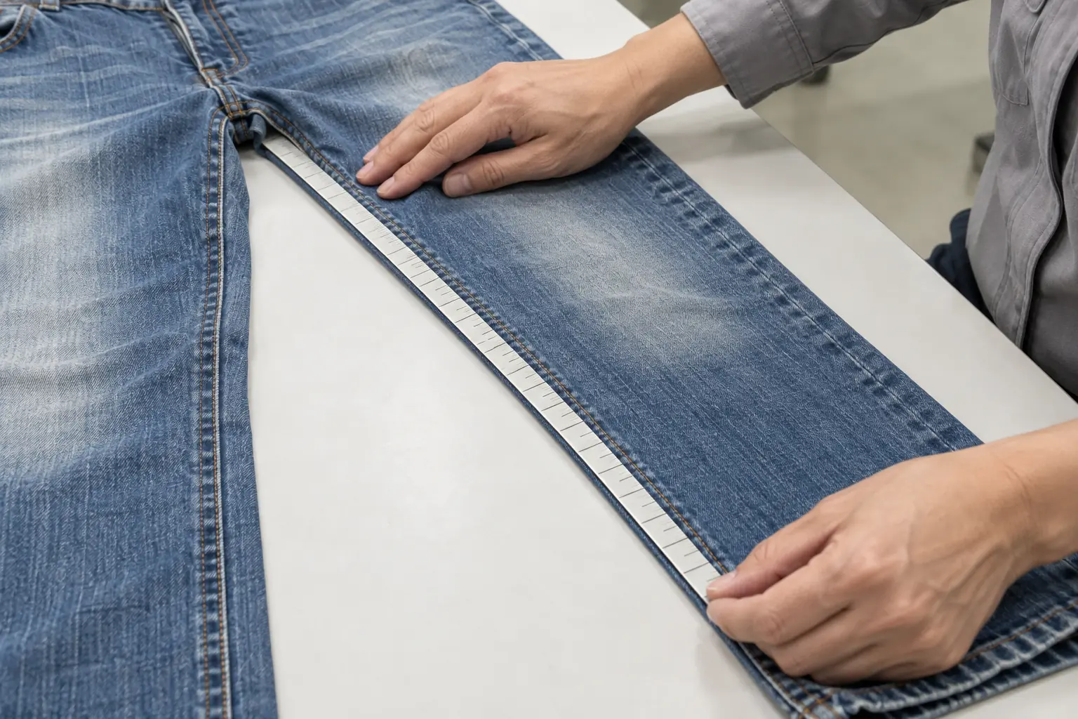 Washed denim jeans laid flat for finished measurement checks
