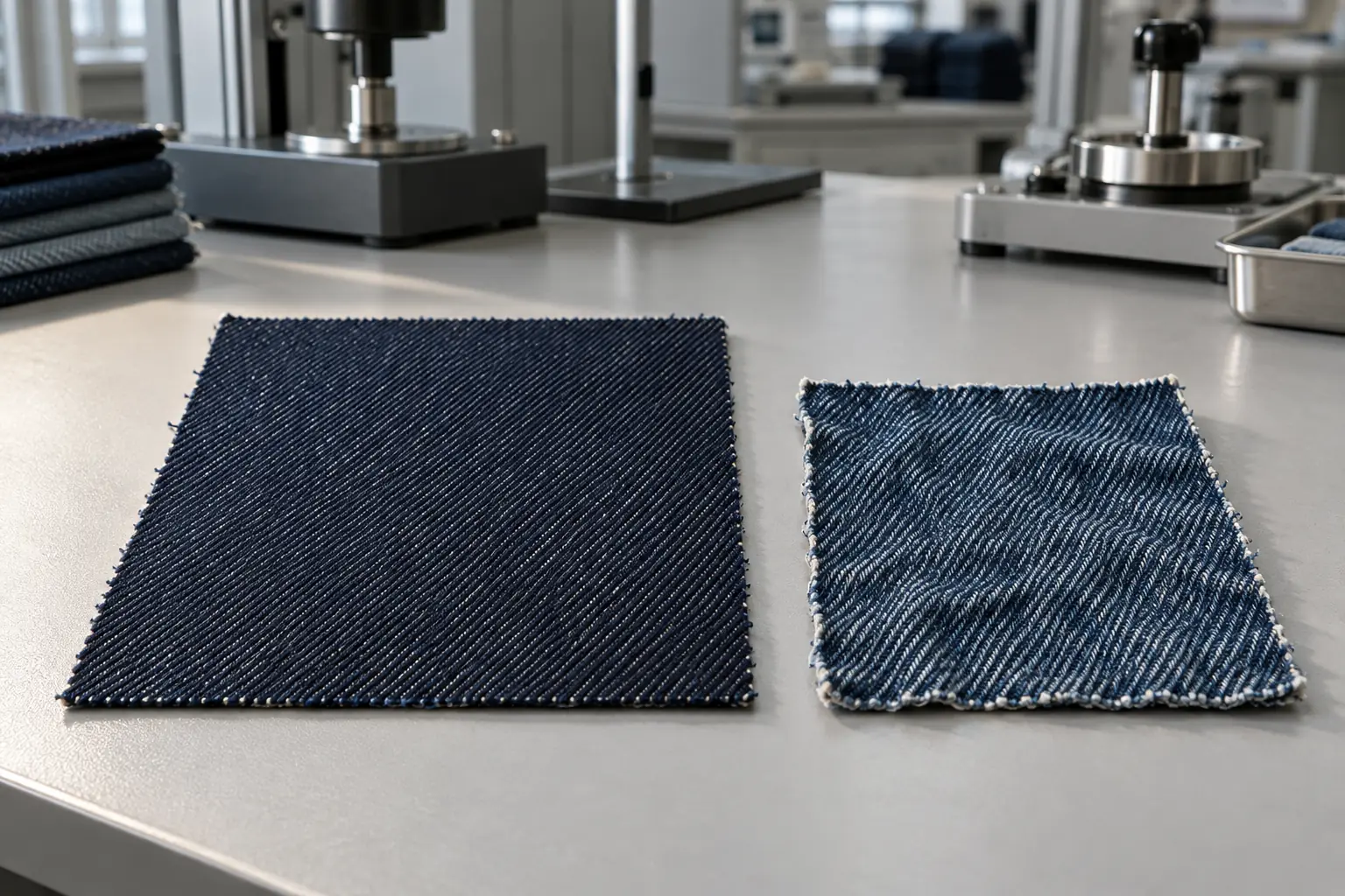 Denim fabric swatches prepared for dimensional change testing