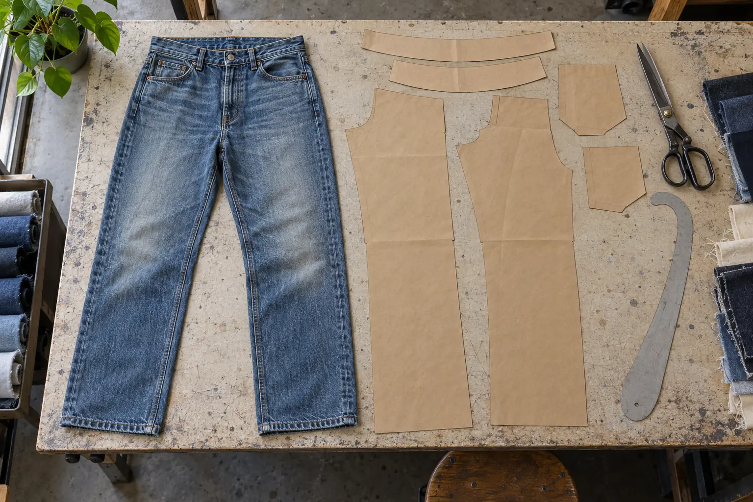 Sample jeans and pattern pieces arranged on a technical sampling table