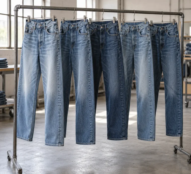 Photorealistic apparel documentary photograph of finished washed blue denim jeans hanging neatly from unmarked clips in