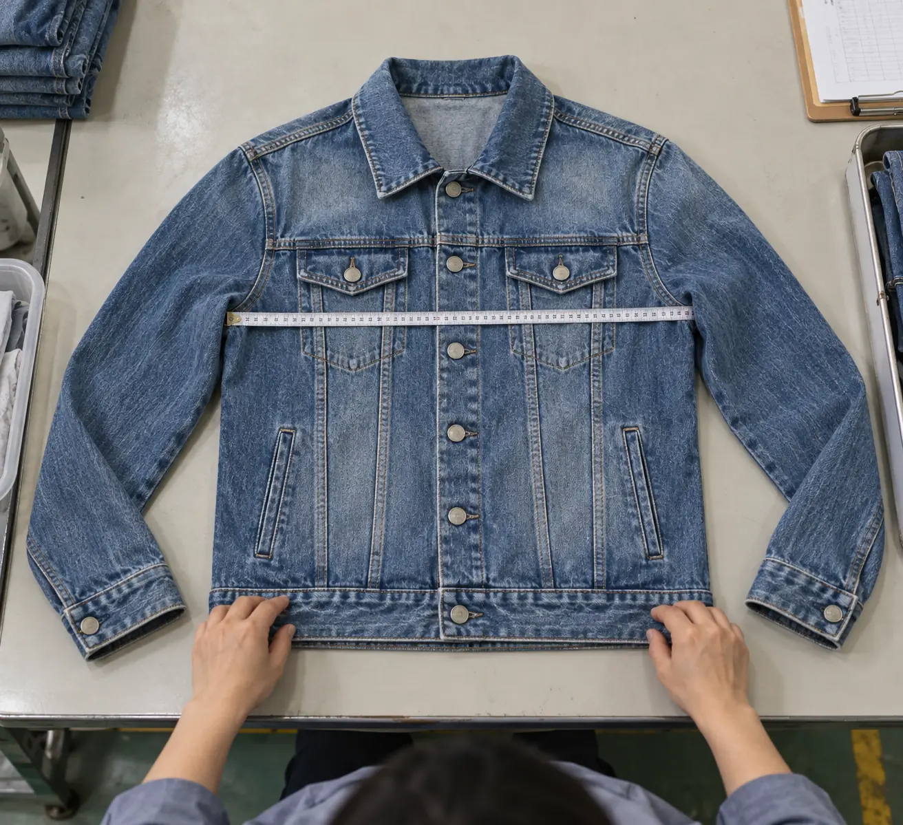 Washed denim jacket laid flat for finished garment measurement