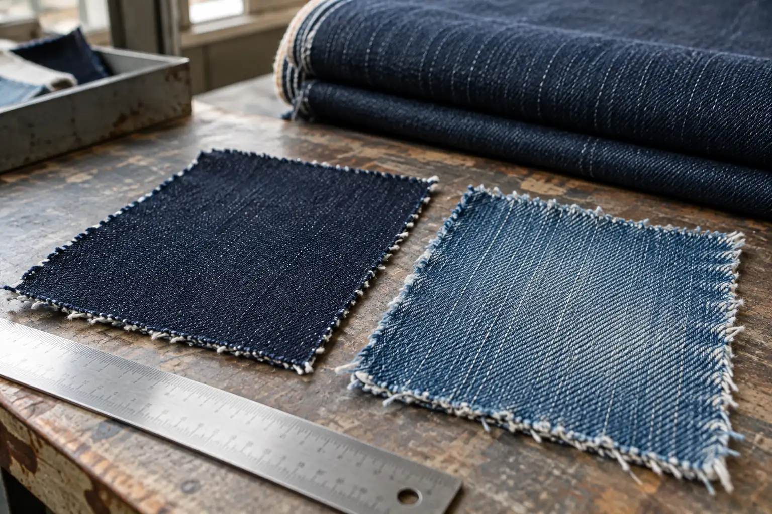 Denim test pieces and measuring tools on a fabric inspection bench
