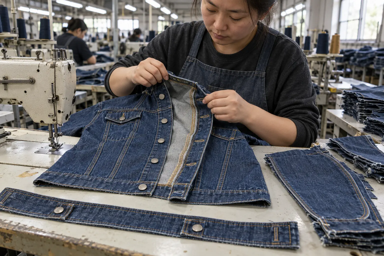 Technician comparing jacket panels and seams at a denim sewing station