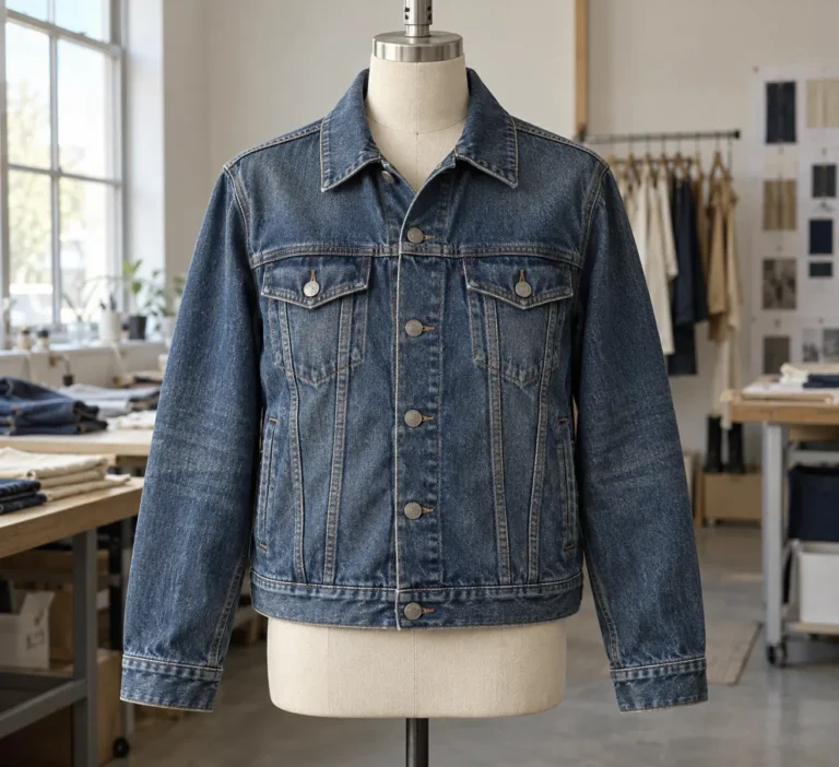 Photorealistic garment documentary photograph of a finished washed indigo denim trucker jacket on an unbranded dress for