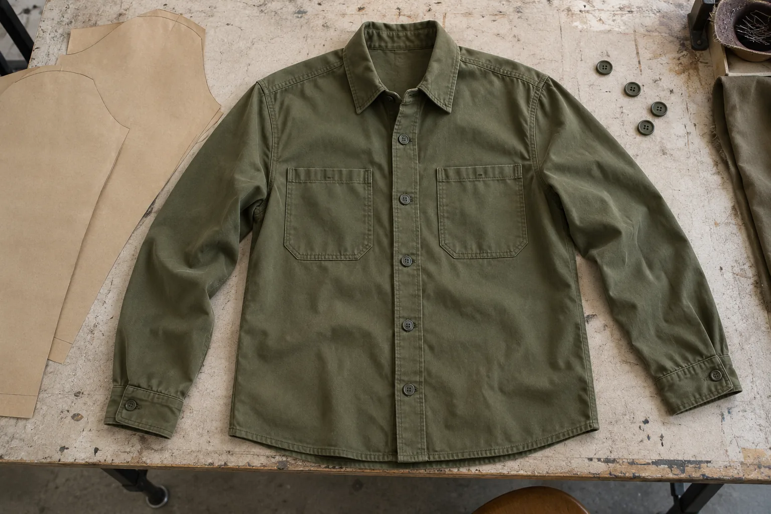 Single overshirt sample arranged with a focused selection of construction details