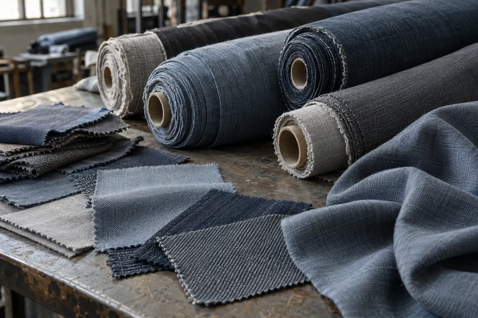 Fabric rolls and matching swatches being compared on a sourcing table