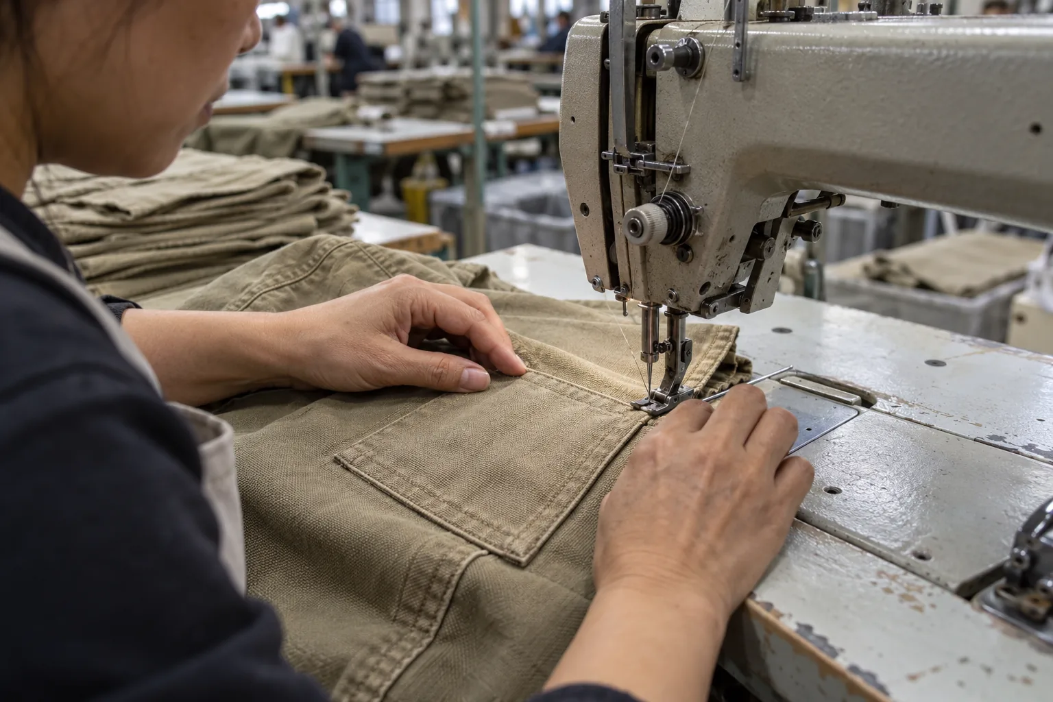 Sewing operator assembling a garment pocket with a straightforward construction