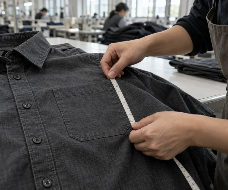 Photorealistic apparel production documentary photograph of a quality inspector measuring a finished charcoal overshirt
