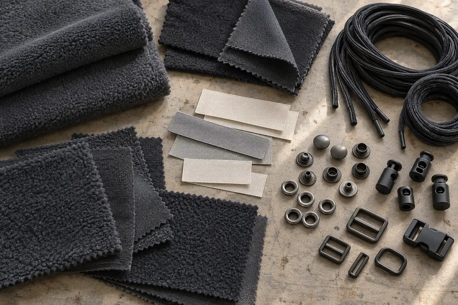 Unbranded garment trims arranged beside fabric swatches on a sourcing table