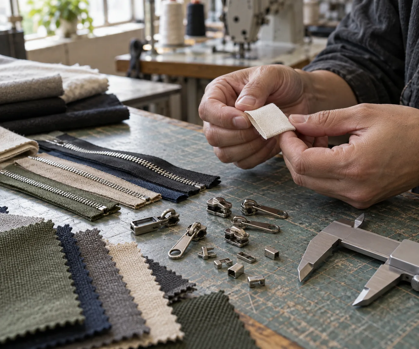 Hands comparing a folded woven label and zipper components at a sampling table
