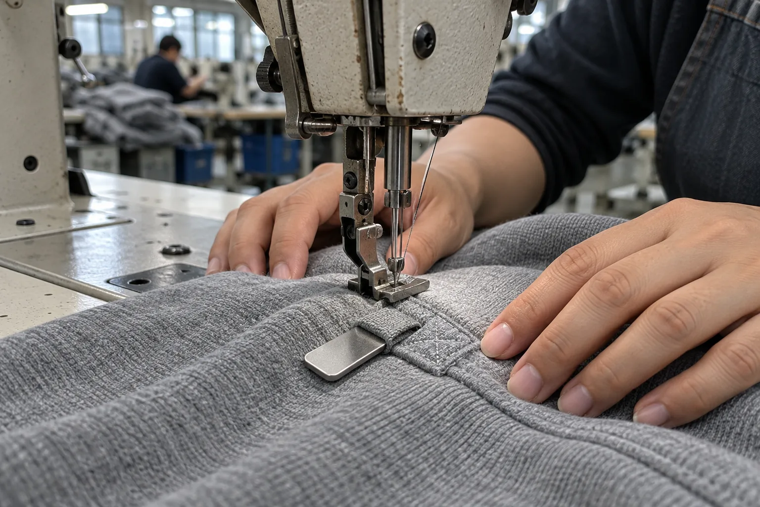 Sewing operator attaching an unbranded hardware test piece to sweatshirt fabric