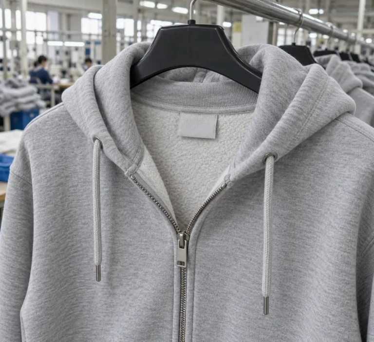 Photorealistic apparel factory documentary photograph of a finished unbranded zip sweatshirt hanging on a rail, close vi