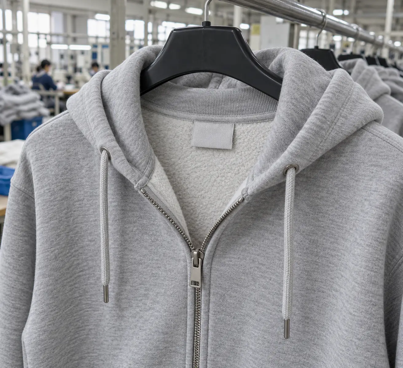 Photorealistic apparel factory documentary photograph of a finished unbranded zip sweatshirt hanging on a rail, close vi
