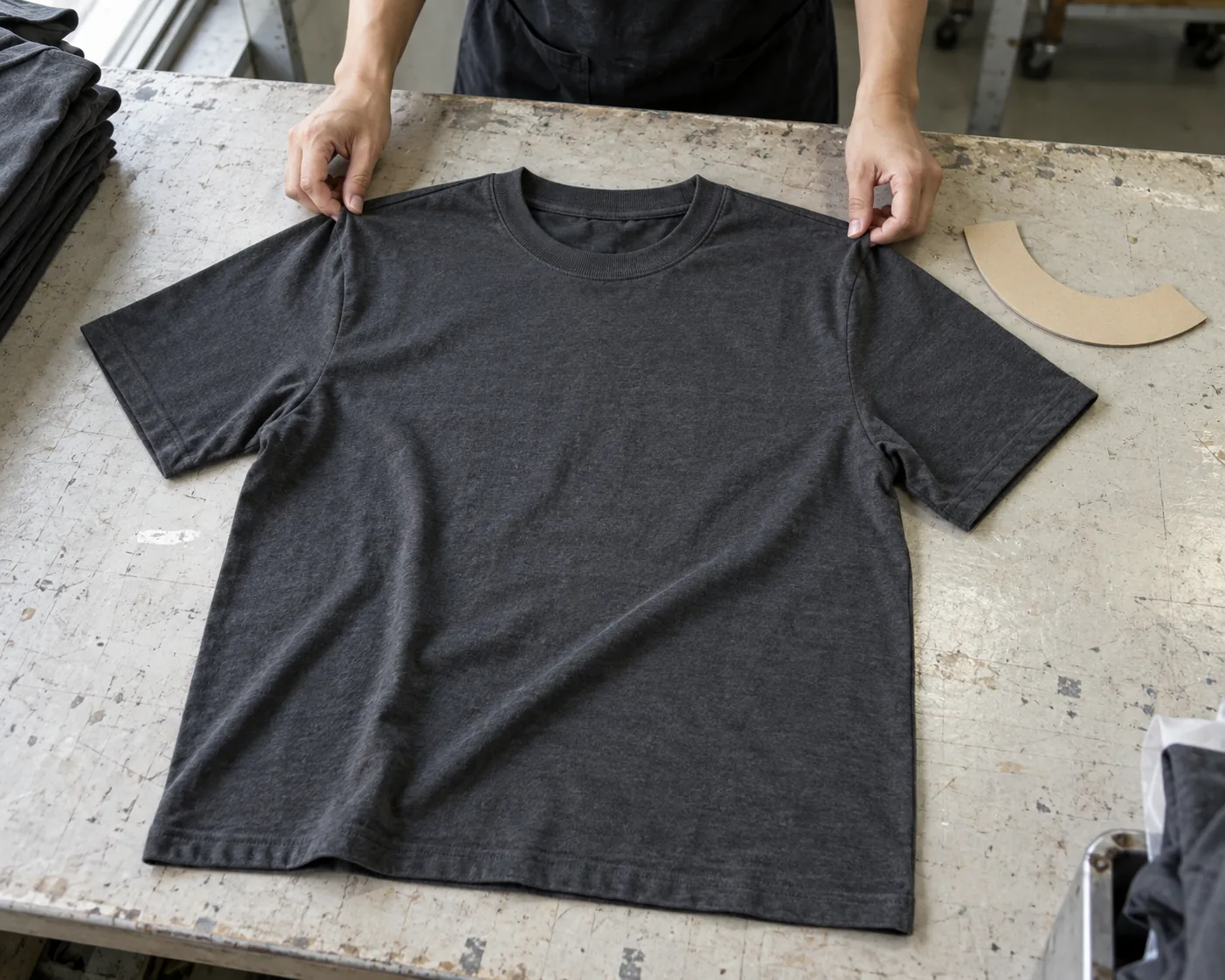 Relaxed crewneck T-shirt beside an unmarked neckline comparison template on a sampling table