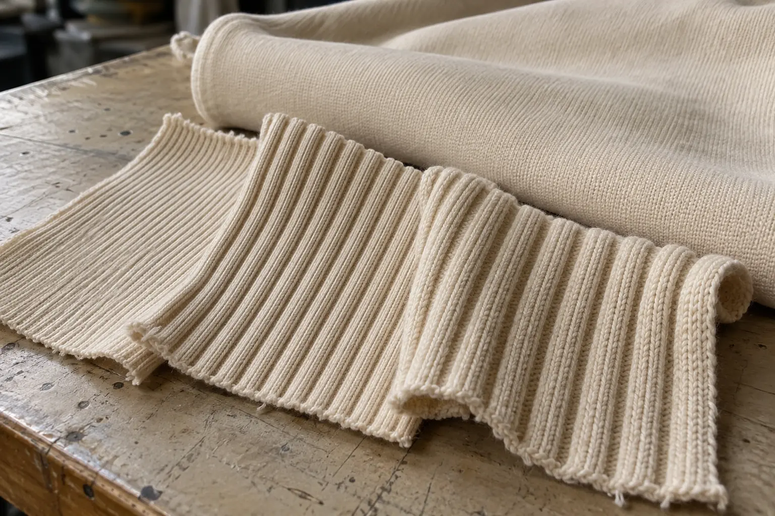 Close view of several rib knit swatches resting beside heavyweight jersey fabric