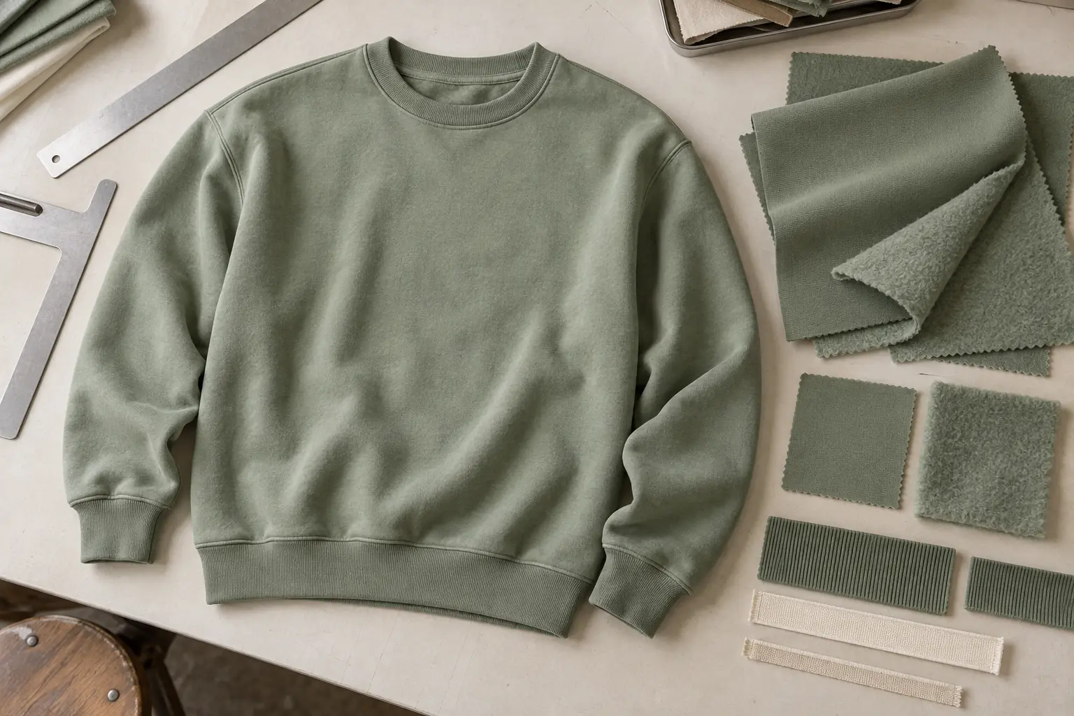 Approved sweatshirt sample beside fabric and trim references on a development table