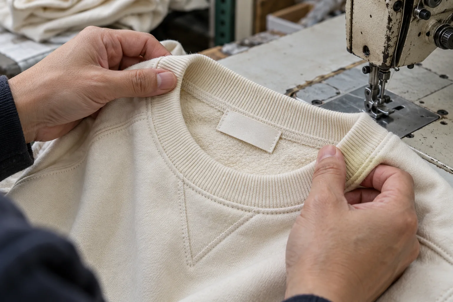 Sewing operator checking a plain woven label attachment inside a garment neckline