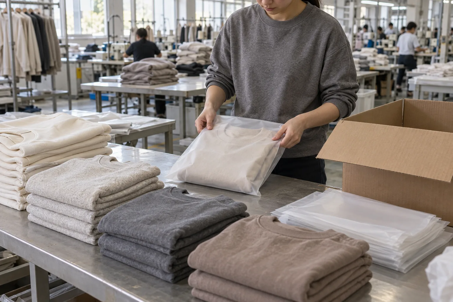 Photorealistic apparel factory documentary photograph of finished neutral-color sweatshirts folded consistently beside p
