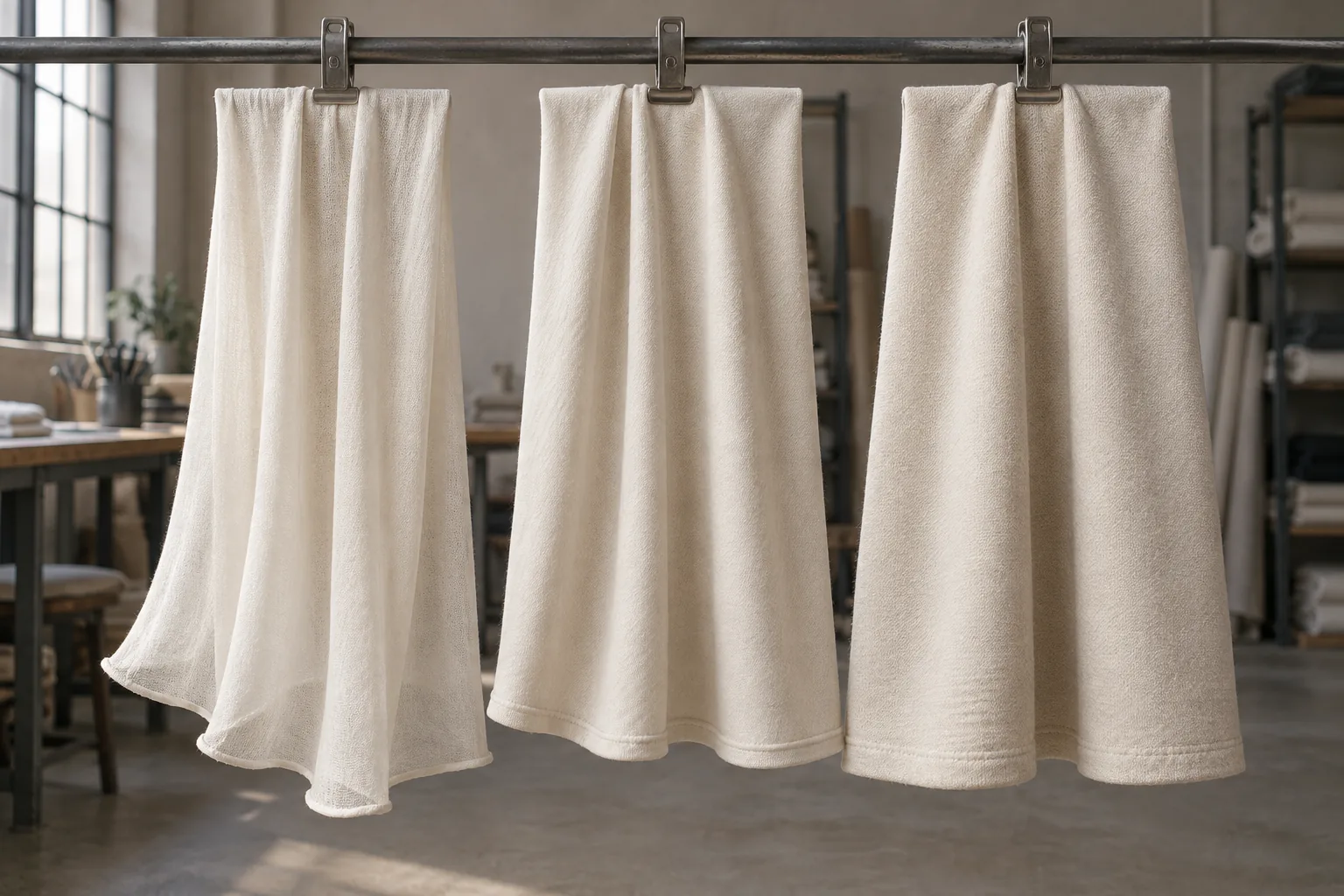 Three cotton jersey weights hanging side by side for drape comparison