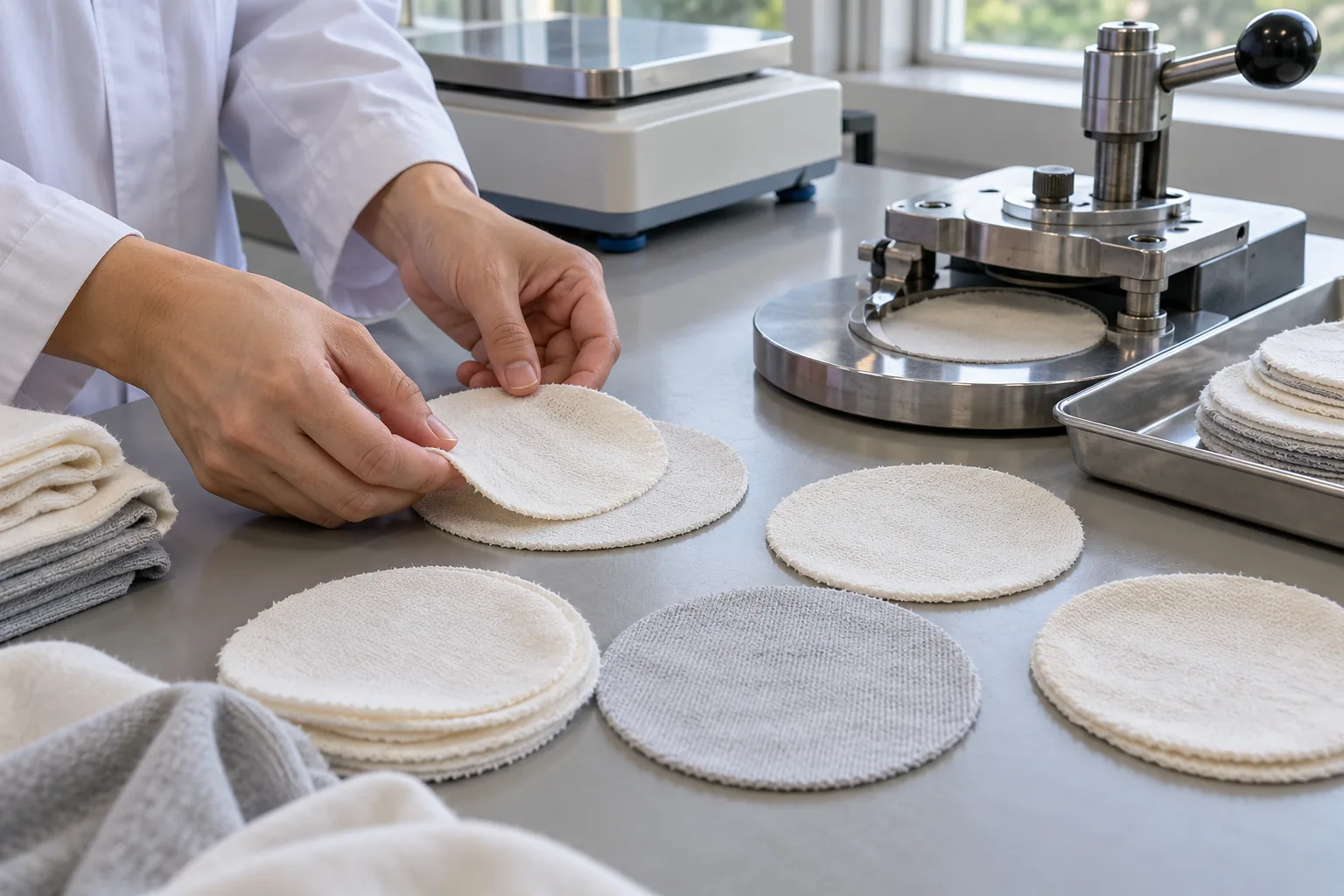 Jersey swatches and circular fabric specimens beside a laboratory balance