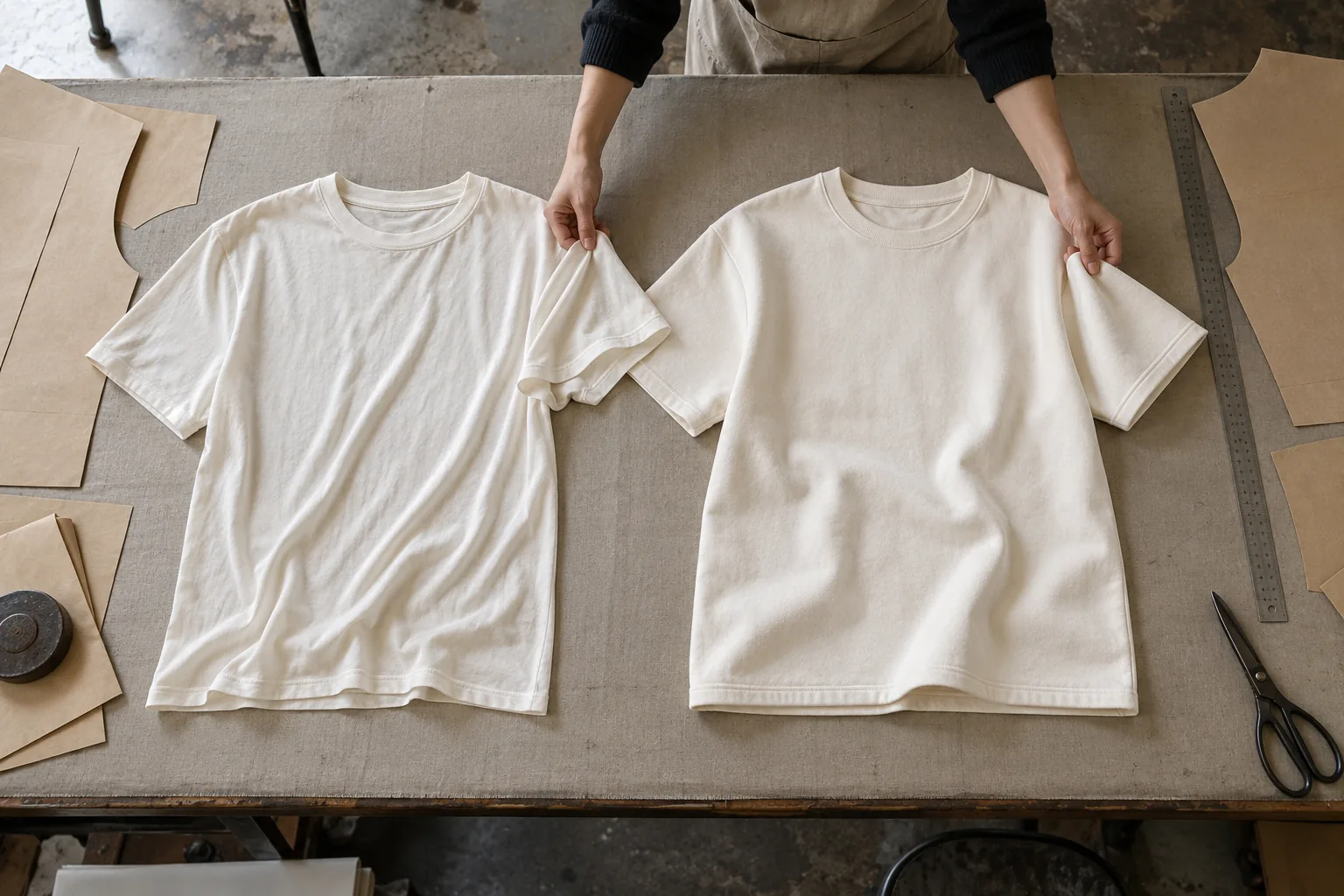 Two undecorated T-shirt samples laid out with pattern pieces on a sampling table