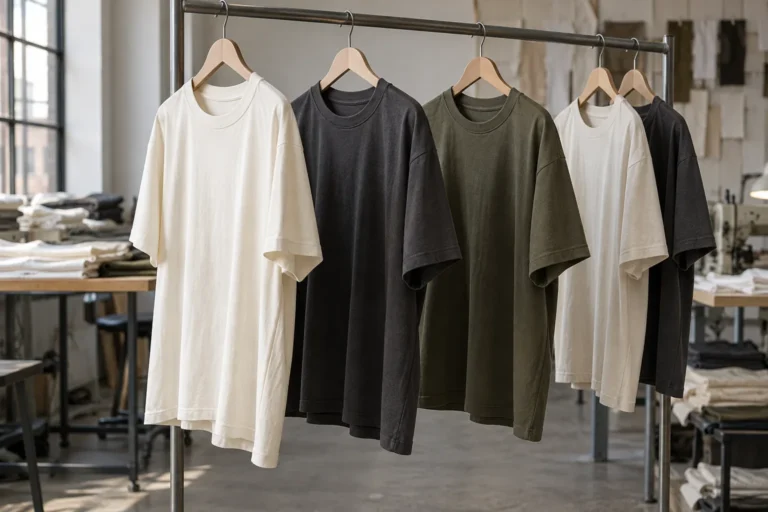 Photorealistic apparel documentary photograph of finished blank premium cotton T-shirts in ivory, charcoal and muted oli