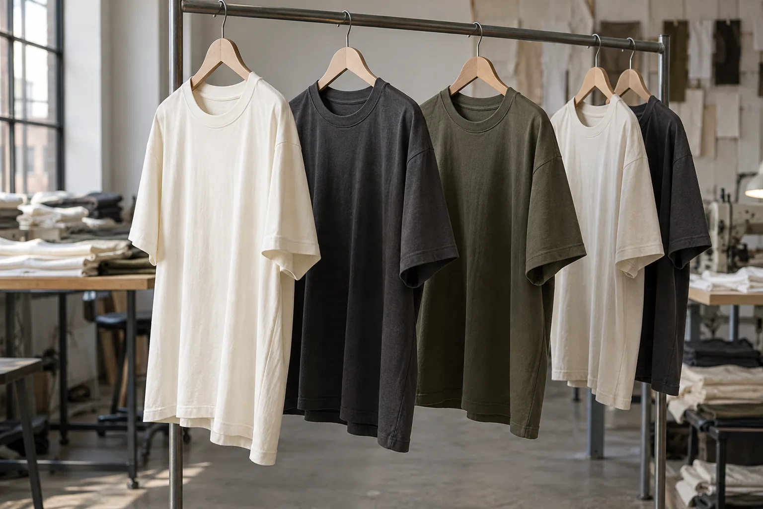 Photorealistic apparel documentary photograph of finished blank premium cotton T-shirts in ivory, charcoal and muted oli