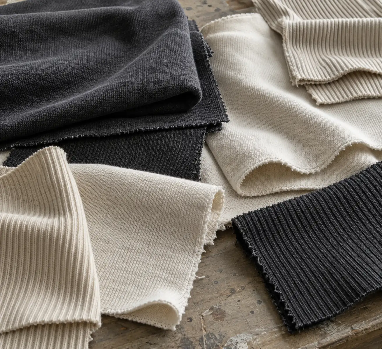 Unbranded jersey and rib fabric swatches arranged for a collection review