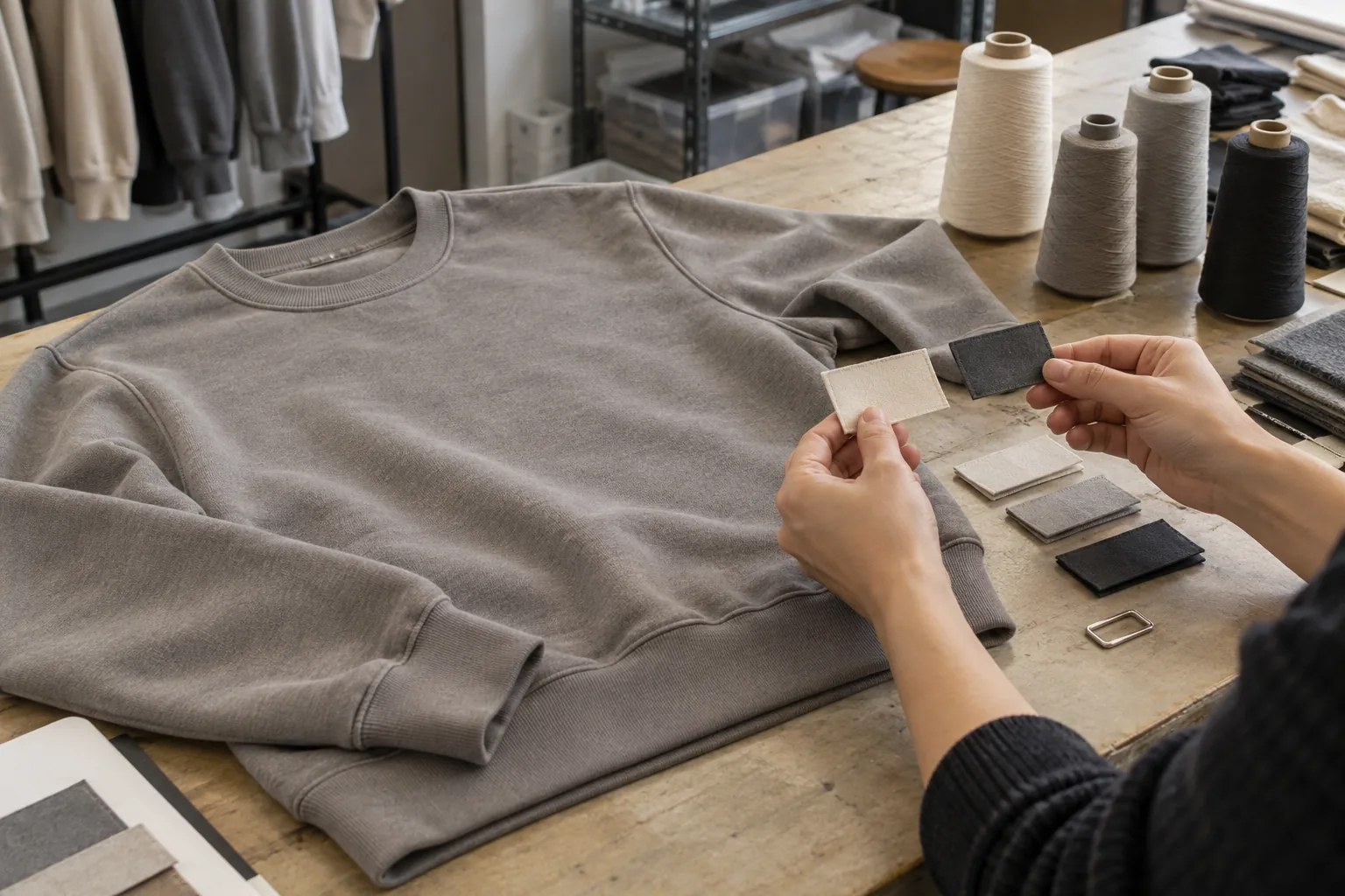 Plain sweatshirt sample with alternative blank trim components on a sampling table