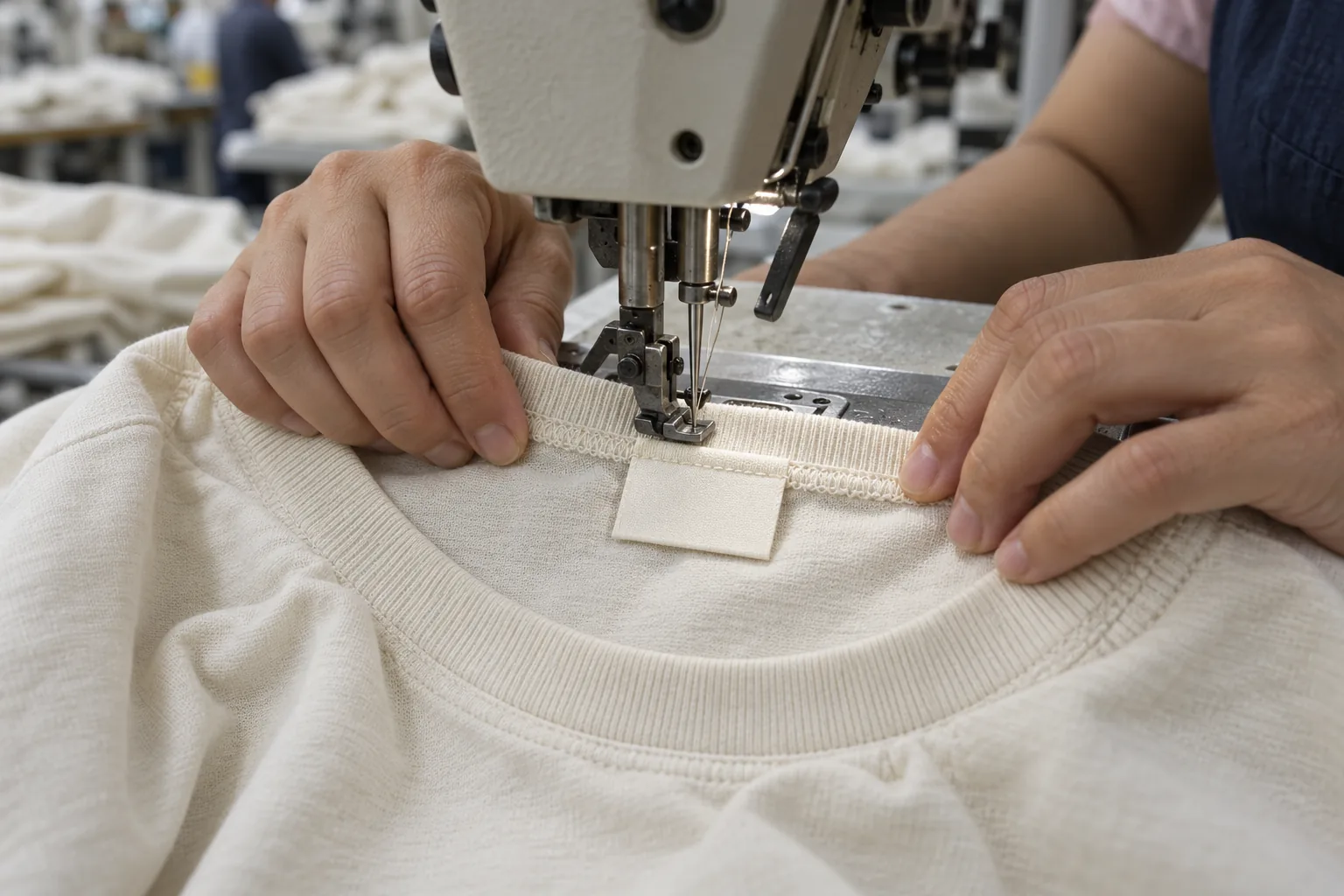 Sewing operator attaching a plain label inside an unbranded garment neckline