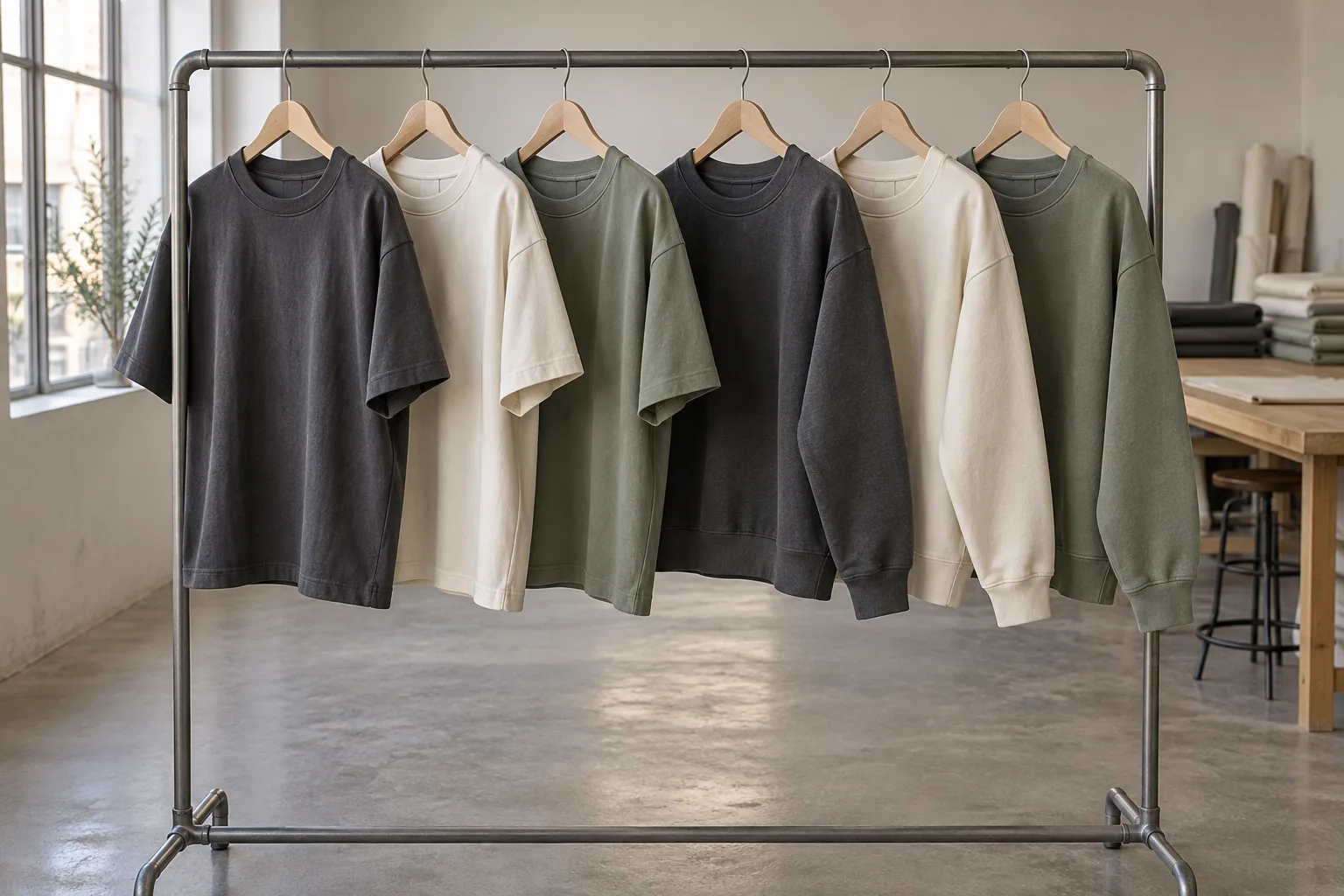 Photorealistic apparel documentary photograph of a finished small capsule of unbranded heavyweight tees and fleece pullo