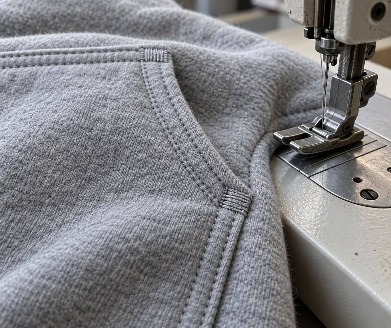 Close inspection of a kangaroo pocket opening and its finished edge