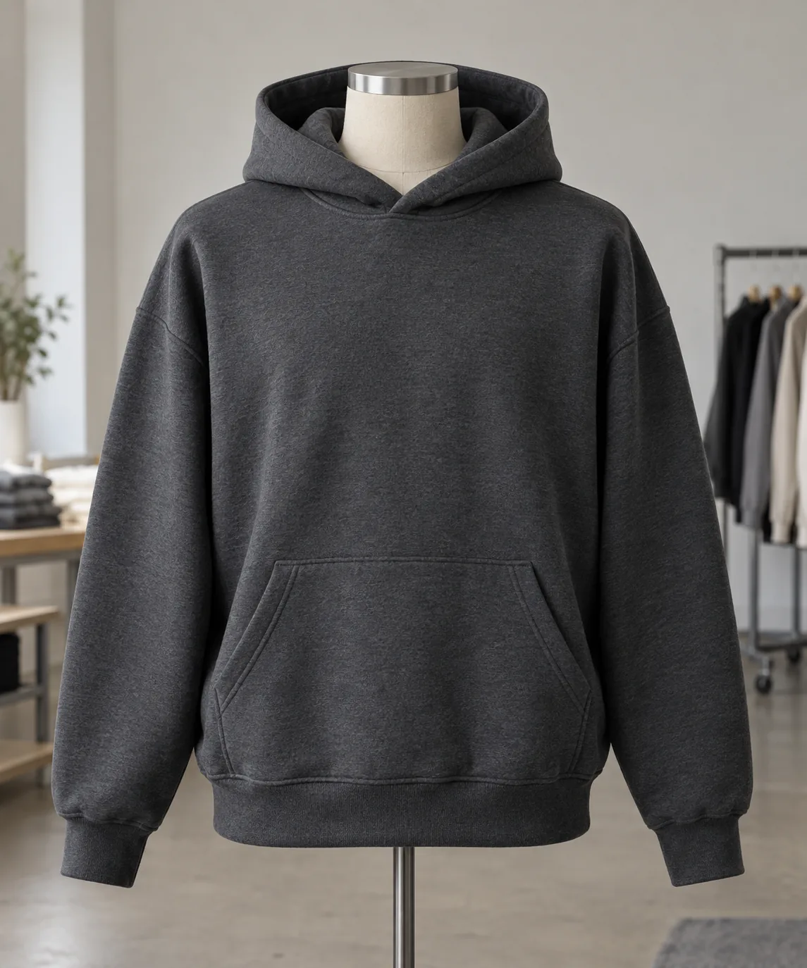 Photorealistic apparel documentary photograph of a finished plain charcoal premium pullover hoodie on a neutral torso fo