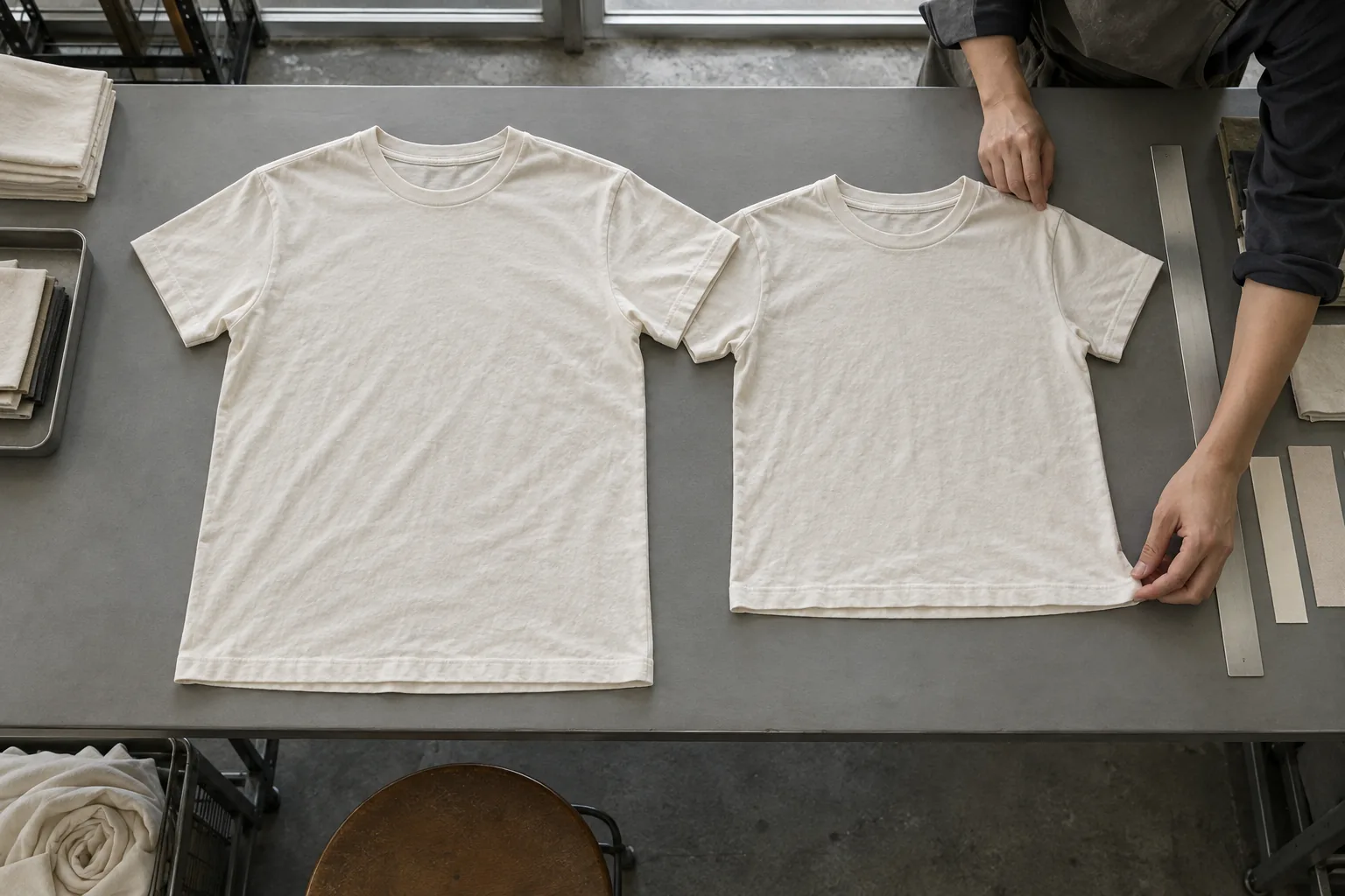 Basic cotton tees arranged on a sampling table for measurement comparison