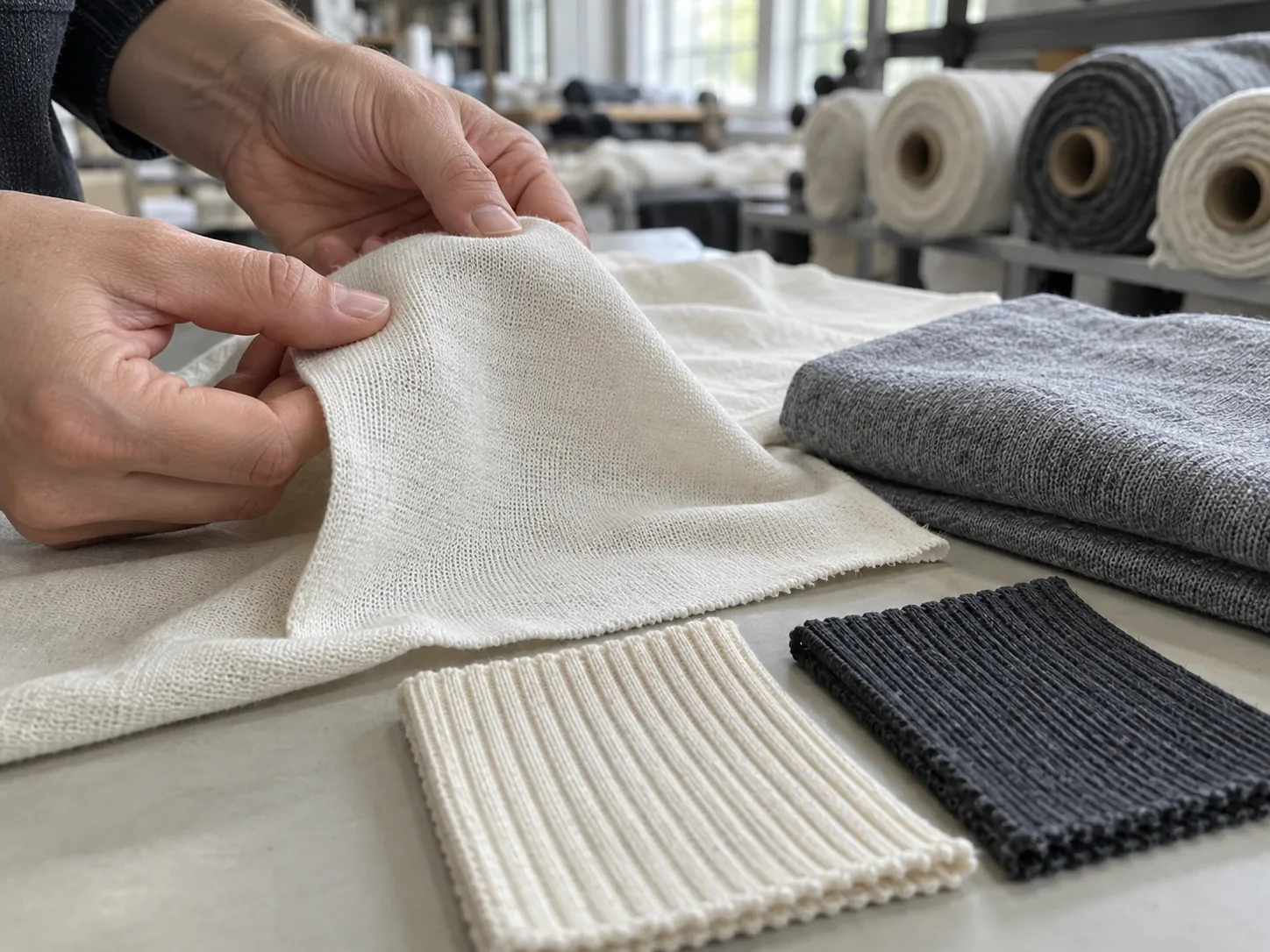 Cotton jersey swatches and contrasting rib fabrics examined on a fabric inspection surface