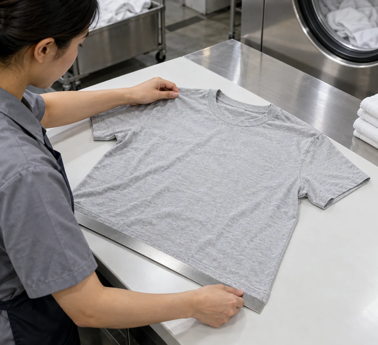 Technician measuring a washed tee lying flat beside a laundry testing station