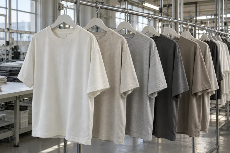 Photorealistic apparel factory documentary photograph of finished unbranded cotton basic tees on adjacent hangers, regul