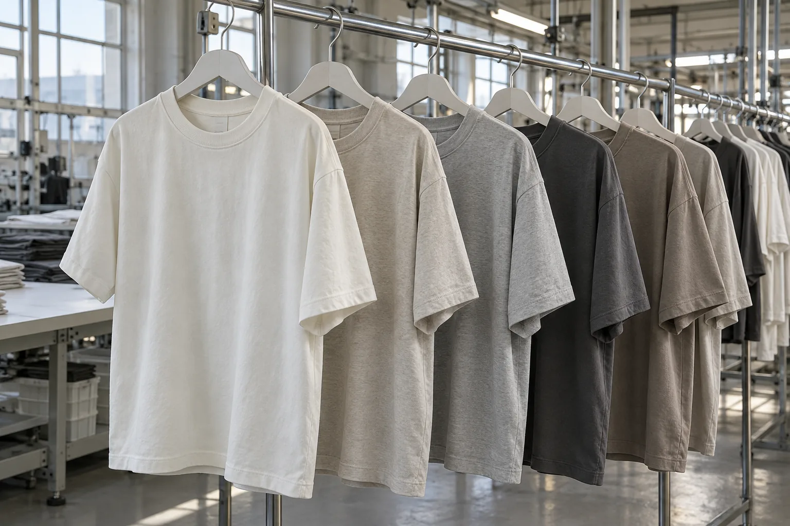 Photorealistic apparel factory documentary photograph of finished unbranded cotton basic tees on adjacent hangers, regul