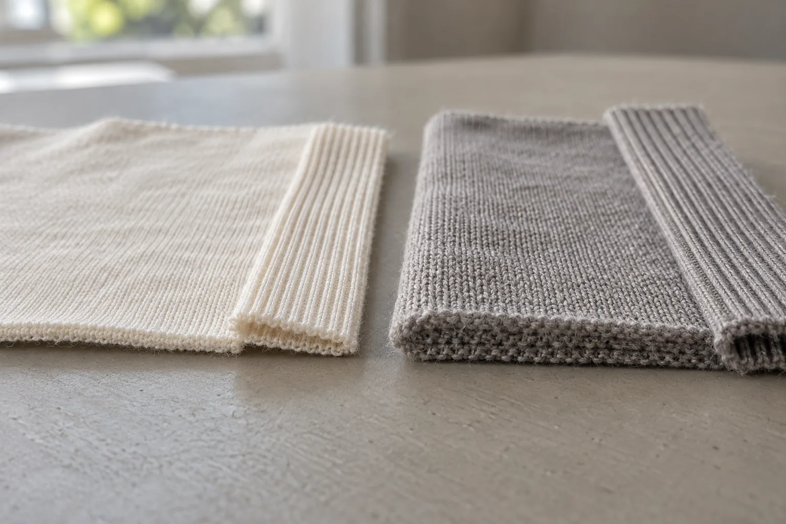 Two premium cotton jersey fabrics beside matching crew-neck rib samples