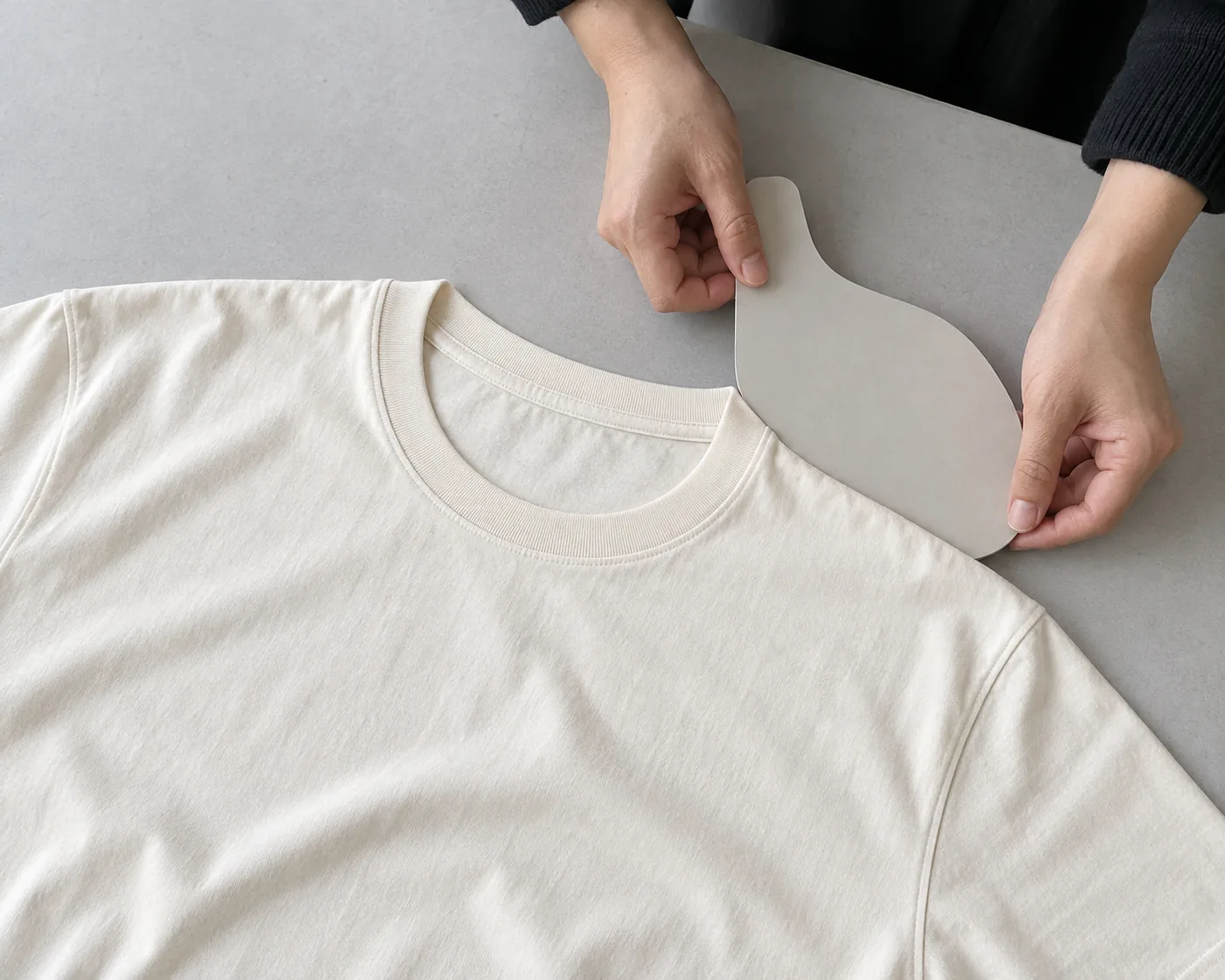 Sampling technician positioning a smooth rounded test board beside a T-shirt neckline