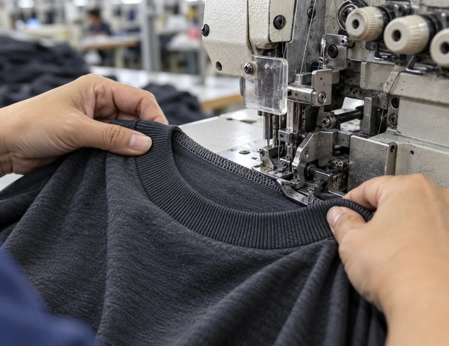 Close view of a sewing operator attaching a rib collar to a cotton jersey T-shirt