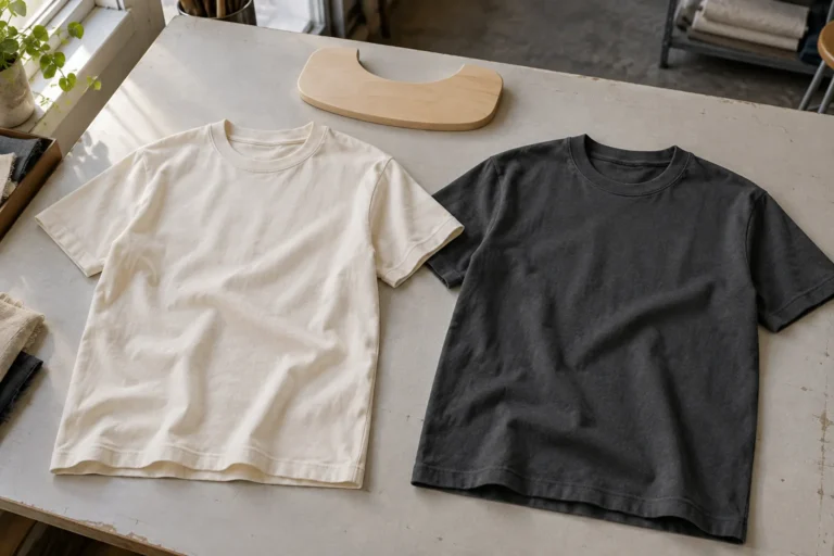 Photorealistic apparel development studio documentary photograph, two unbranded premium cotton crew-neck T-shirts in war