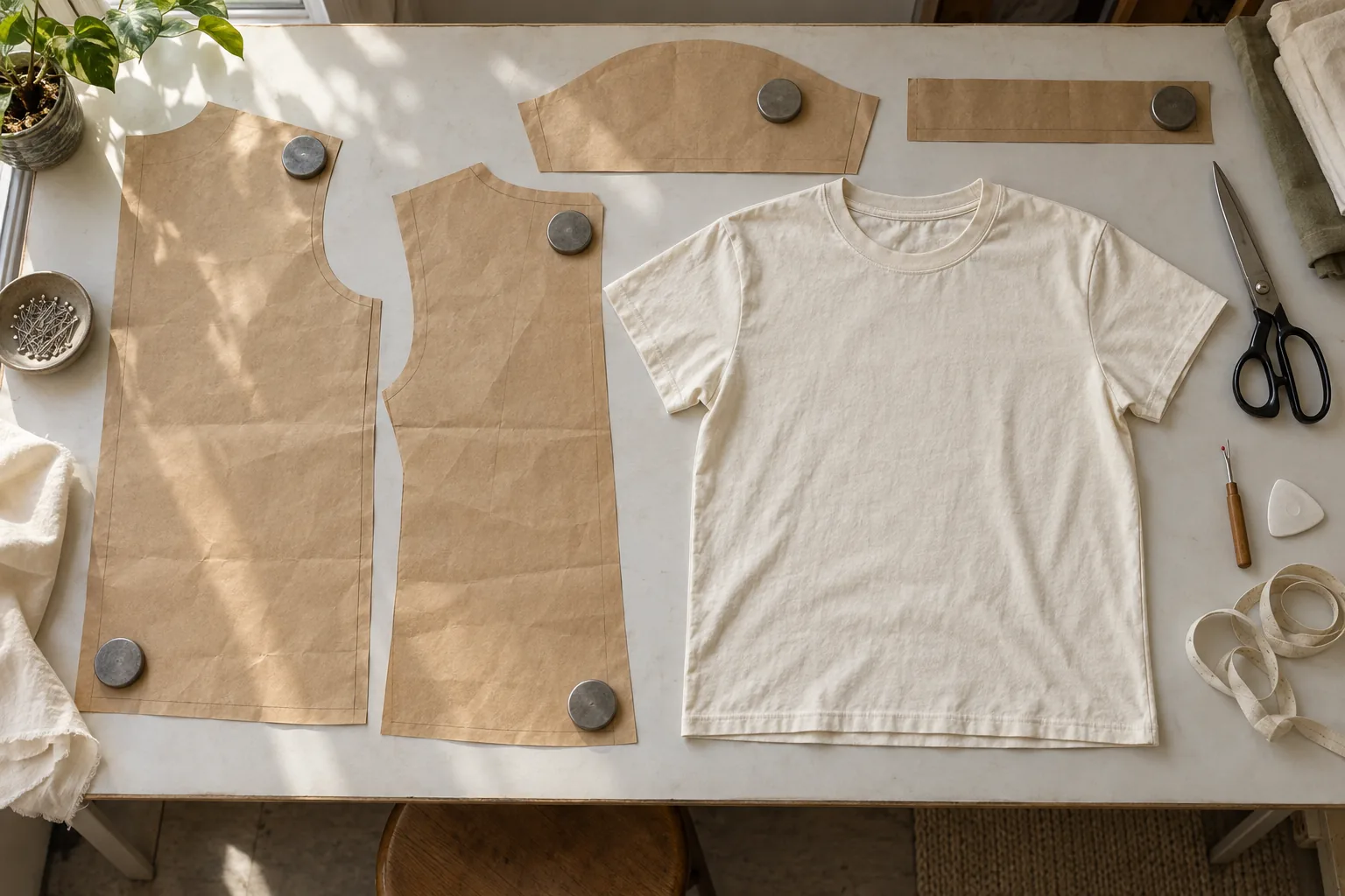 Base pattern pieces and a plain tee arranged for a block review