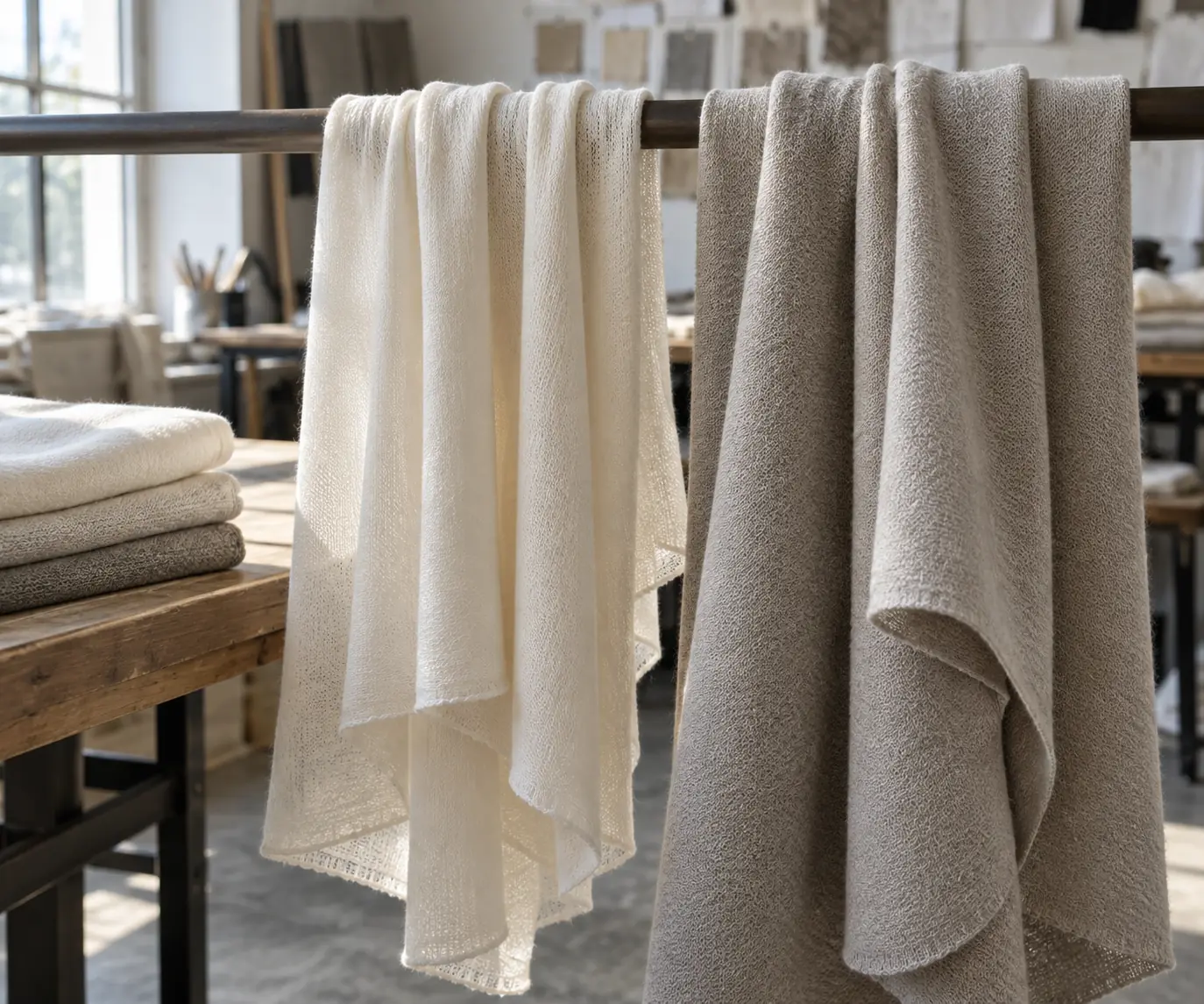 Jersey swatches hanging beside folded fabric for a drape comparison