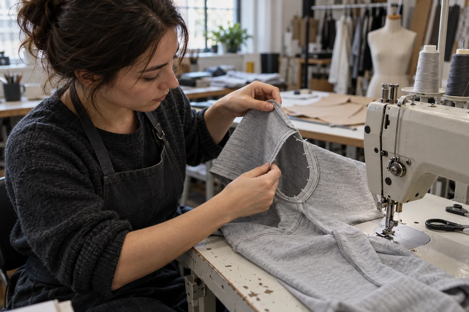 Sample maker comparing a tee sleeve and armhole at a sewing workstation