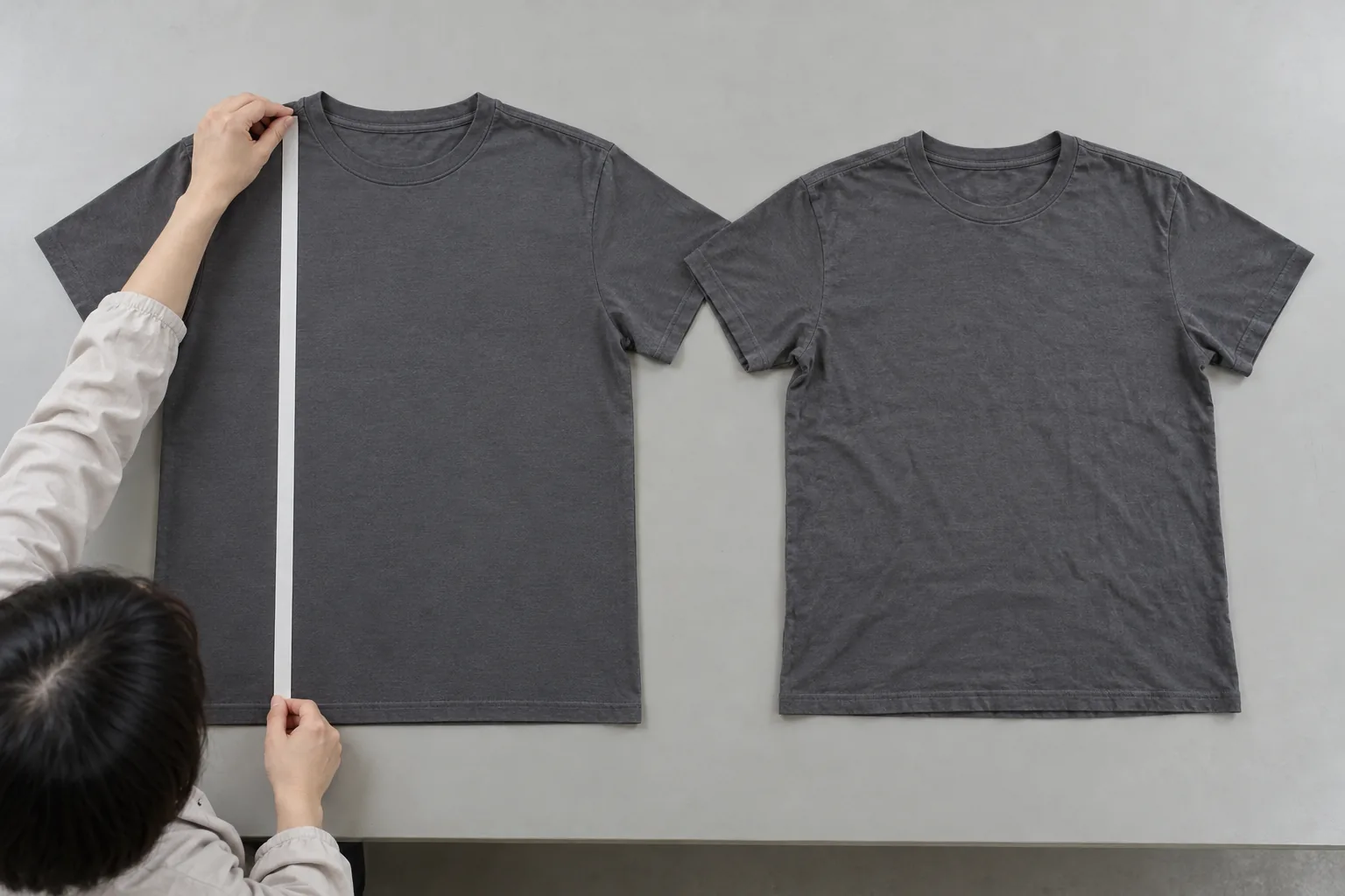 Quality inspector measuring two plain tees laid flat after a wash comparison